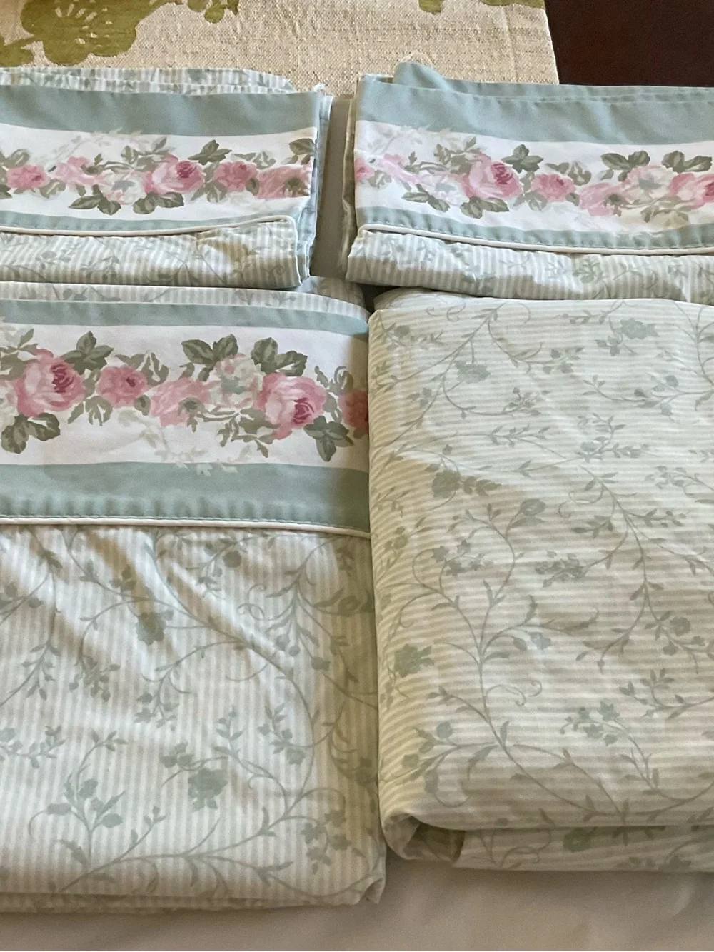 Laura Ashley Cottage Rose Floral W/Green Stripes Twin Sheet Set 4PCS-Vintage USA